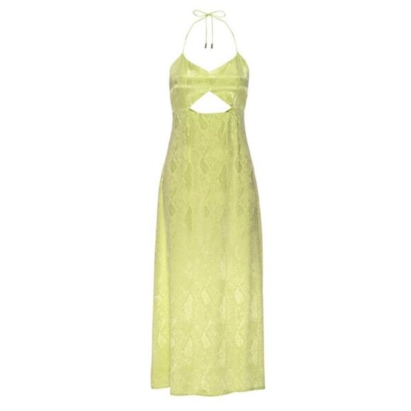 AFRM Radish Dress in Lime Green Snake Jacquard Midi Halter Front Cutout Slip NWT - Picture 2 of 13